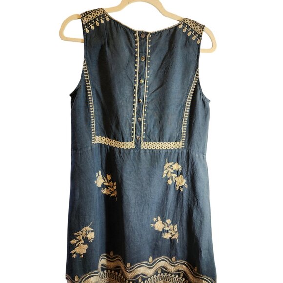 JOHNNY WAS 100% LINEN BLUE SHIFT DRESS IVORY FLORAL EMBROIDERY SIZE SMALL BOHO - Picture 9 of 11